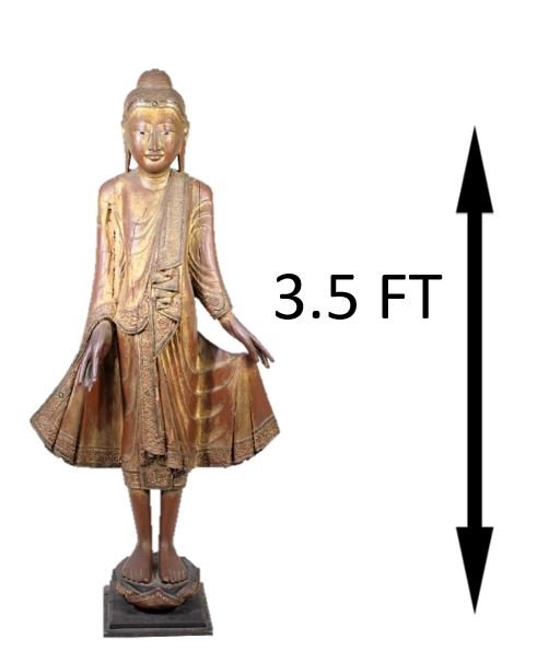 Indonesian Wood Carved Sukhothai Buddha: Size: 43 1/2 in H x 22 in W. Gilded and lacquer Sukhothai Buddha signifies grace and internal beauty, and in Thai, they call this "Phra LeeLaa". Right hand raised, facing outward, left hand dangles al