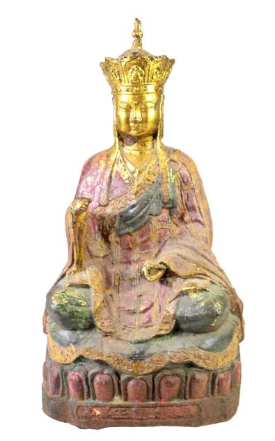 Large Chinese Antique Iron Gilt Buddha: Size: 16 in x 8 1/2 in
