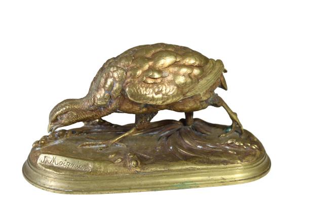 Jules Moigniez Bronze Bird French Circa 1870: Jules Moignieux (1835-1894). French Animalier Sculptor. Signed lower left. Measurement: 4 1/4 x 8 1/4 in.