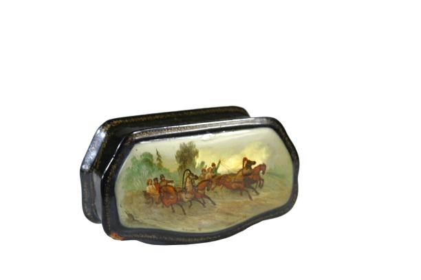 Small Signed Russian Painted Lacquer Box 1865: Minor losses. Measurement: 1 1/2 x 4 1/4 in.