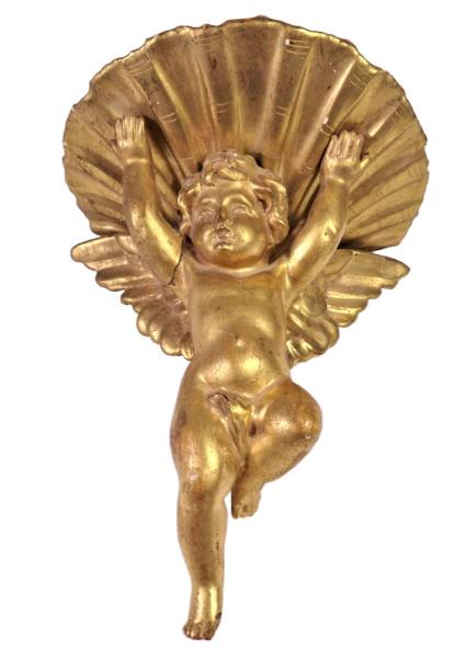Winged Cherub with Gilt Wood, Wall Mounts: Antique winged cherub with gilt-decorated wood and two hooks on the back for wall mounts. The cherub is holding a large shell aloft and the shell has a flat surface on top to display small objects. Th