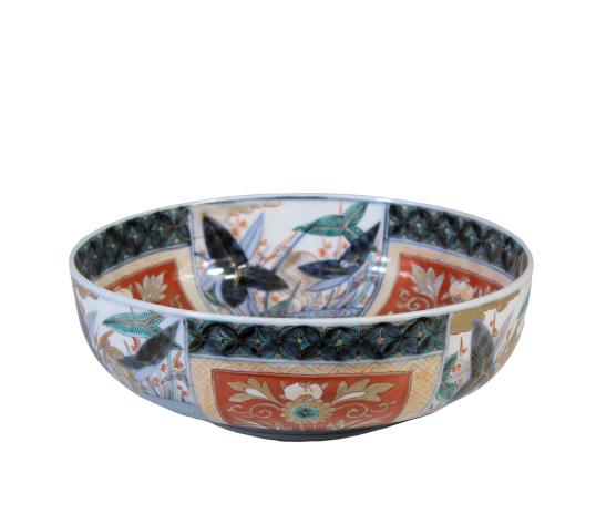 Antique Hand Painted Japanese Imari Bowl: Overall size: 9 3/4 in diameter x 3 1/2