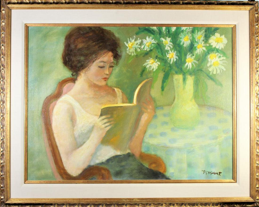 M. Mibert (20th C.) French: This is a painting in the manner if Marcel Dyf and it is signed M. Mibert in the lower left. It is a 20th C. impressionist painting of a young woman reading a book. Overall: 32 1/4 in x 40 in Sight: 2