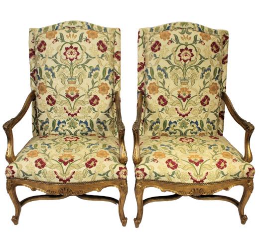 Pair of Reproduction Baroque Style Arm Chairs: A PAIR of Reproduction Baroque Style armchairs having carved, cerused wood frames featuring open arms and cross stretcher bases. Crewel style upholstery. Measurements: 28 1/2 x 24 x 45 in.