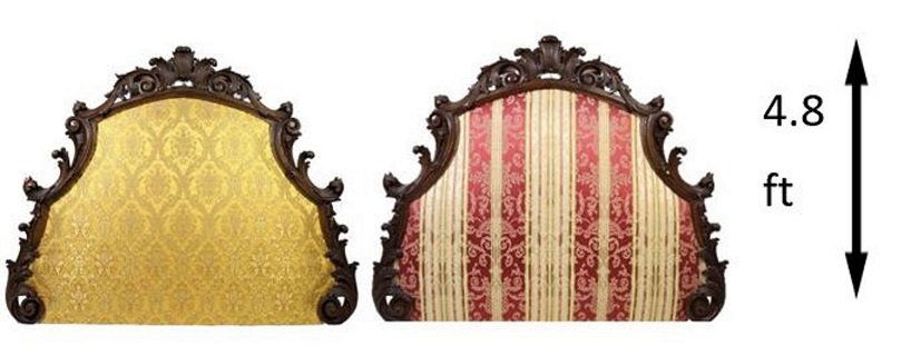 Pair Venetial Style Carved Twin Headboards: One of a pair of Venetian Style carved twin bed headboards. (The matching headboard is not upholstered to match) Overall size: 4 ft x 38 in