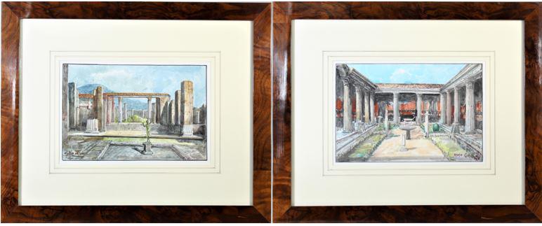 Pair of 20th C. Italian Watercolors: These are a pair of watercolors. One is signed "Maria Cirillo" in the lower right and dated 1971. The watercolor is an image of the Villa of Pompeii. The other is signed indistinctively in the lower l