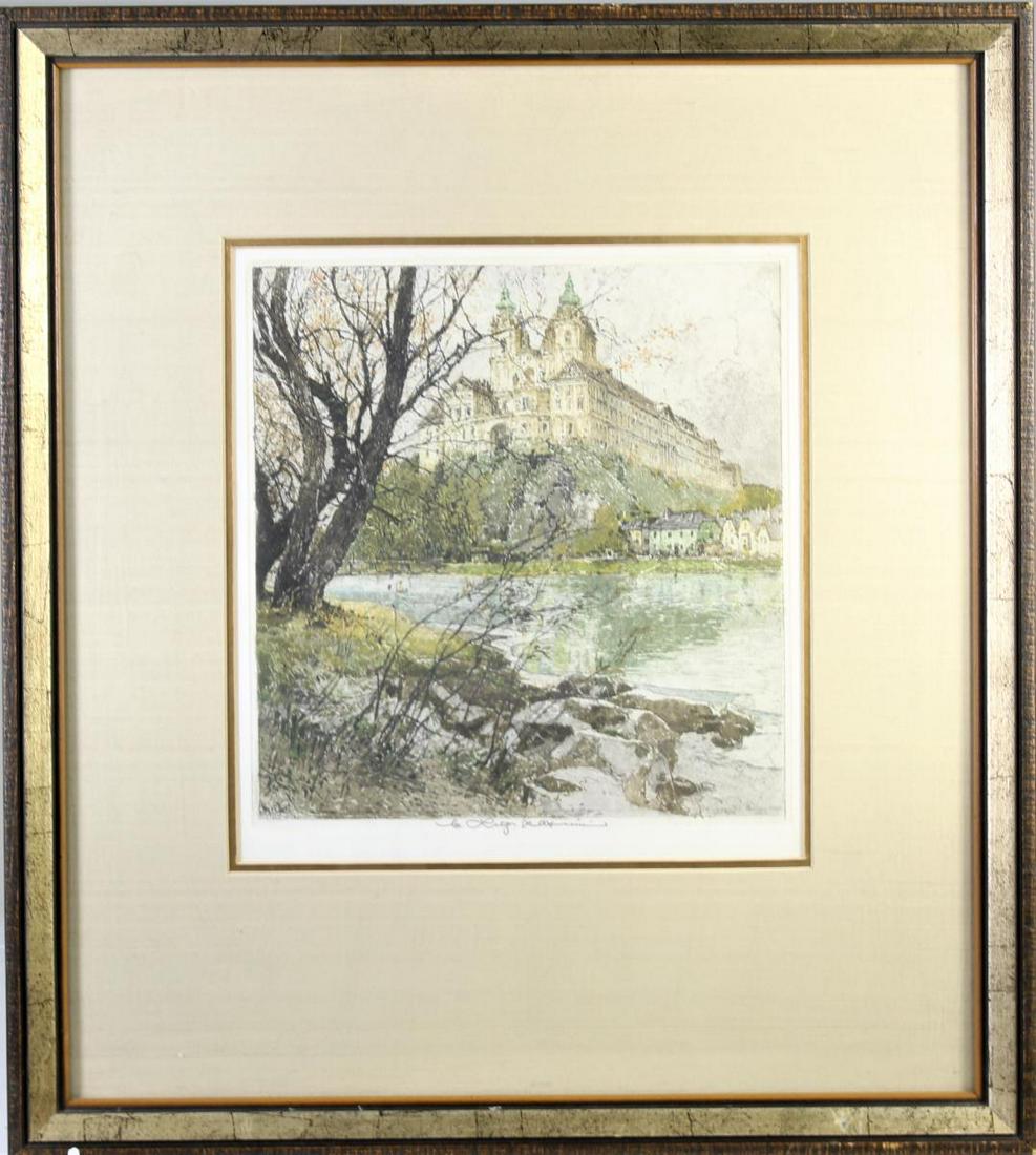 Luigi Kasimir (1881-1962) Austrian: This is a piece by Luigi Kasimir. Kasimir attended the Vienna Academy of Art and studied under William Unger. He was a pioneer in the colored etching technique. Overall: 19 5/8 in x 17 5/8 in Sight: 9