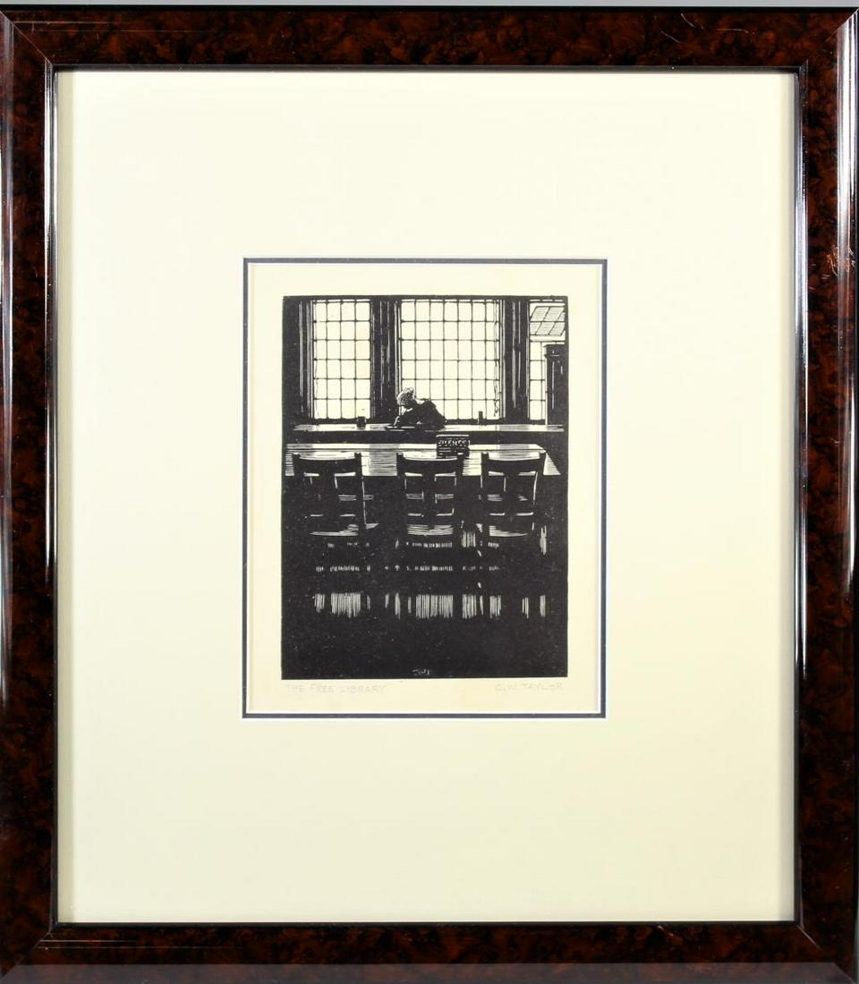 Charles William Taylor (1875-1960) English Etching: This is an etching by Charles William Taylor (1875-1960). It is titled "The Free Library" and it is signed in the lower right. Overall: 15 1/4 in x 13 1/2 in Sight: 6 in x 4 1/2 in