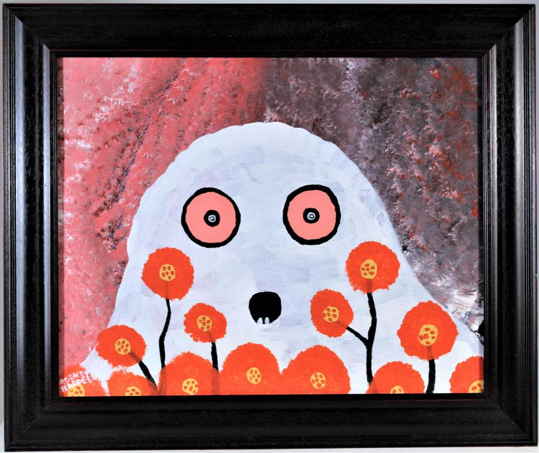 Rodney Hardee (20th C. Florida) Oil on Board: Signed Lower left. Signed and titled verso. “Fluffy in the Flowers” Hardee is a outsider artist from Lakeland FL and has been painting since 1972. Size: O 20.5 x 24.5 in, S 15.5 x 19.5in.