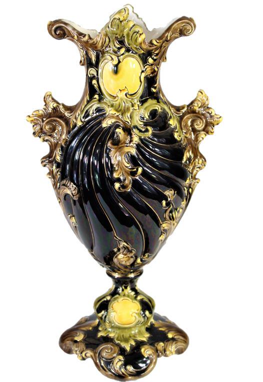 Majolica Vase, Glazed Gilded Accents: A majolica vase with glazed gilded accents and central gold colored boss. Size: 16 1/4 x 8 1/2 in.