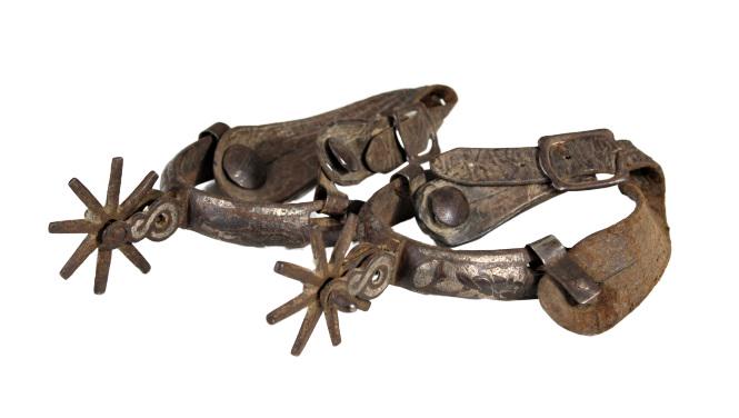 Pair of Antique Spurs with Silver Inlay: Size: 9 1/4 in L x 4 in W