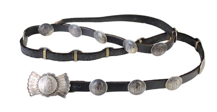Silver and Leather Concho Belt: with 17 Liberty Silver Coins Size: 43 in L