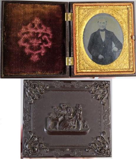 U.S. Thermoplastic Case (Krainik 145) 1850's: This is a thermoplastic union case with an ambrotype of a gentleman in fine clothes. The ambrotype is a sixth plate, and the embossed covers feature a woman playing a piano, and the motif is repeated 