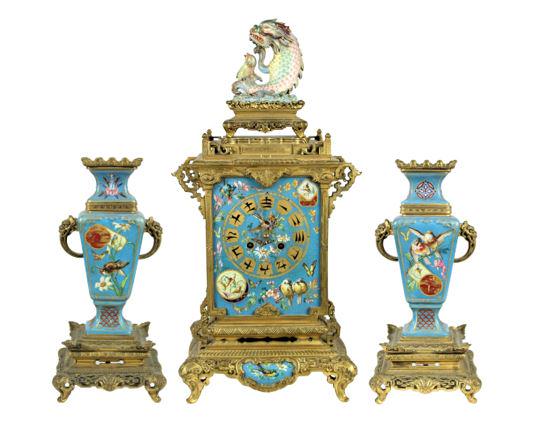Important Late 19th C. Parisian 3 Piece Clock Set: Important Late19th C. Parisian Japanesque Three Piece Clock Set. Finial is loose. Unknown if in working condition. Exquisite enameling with extremely rare foo dog finial. Original condition, with matc