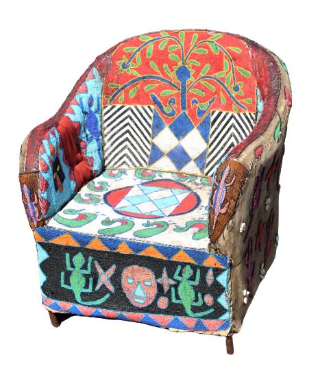Yoruba Tribe of Nigeria, Beaded Queen: Early queen's chair from Yoruba tribe of Nigeria, Africa. Suedelike fabric vividly decorated with glass beads and cowrie shells. Condition is commensurate with age, as is.Measurements: 29 1/2 x 27 x 3