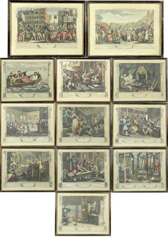 William Hogarth (1697 - 1764) British, Engravings: (12) 1795 engravings - a completed set titled: "Industry & Idleness" by T Cook. Hogarth began life as an apprentice silversmith, and wound up with a country house and six servants. In art, Hogarth dep