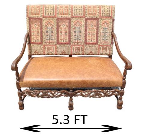 Leather & Upholstered Loveseat Bench: Loveseat bench with leather seat and upholstered back, detailed carving. Approx. size: 64 x 46 x 28 in. Please note that all sales are final and no refunds will be given under any circumstances. Saras