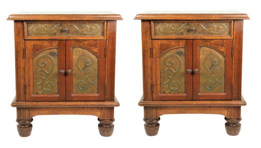 Pair of Bedroom Nightstands: Two bedroom nightstands with metal inlay, GK makerSize: 26 x 23 1/4 x 18 1/4 in. Please note that all sales are final and no refunds will be given under any circumstances. Sarasota Estate Auction prov