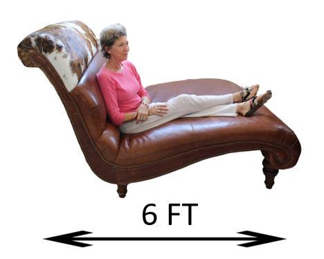Double Wide Cowhide and Leather Chaise Lounge: Massive cowhide chaise lounge, excellent condition. Dimensions: 45 H x 56 W x 72 L. Please note that all sales are final and no refunds will be given under any circumstances. Sarasota Estate Auction p