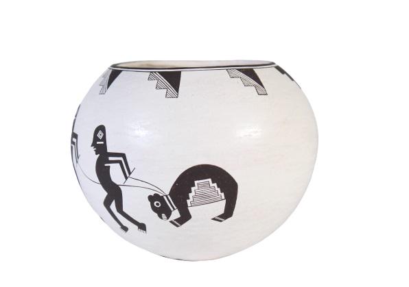 Emma Lewis (1931-2013) Acoma Pottery Jar: Small jar from Acoma Pueblo artist, Emma Lewis. Born in 1931 into the Acoma Sky City Pueblo, she is one of the daughters of the world renowned Lucy Martin Lewis. Emma was around great pottery artists 
