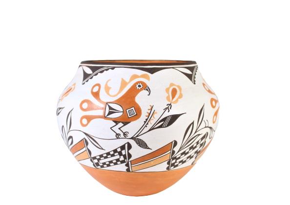 Grace Chino (1929-1994) Acoma Pottery Jar: Acoma polychrome water jar or 'olla' with bird design, by Grace Chino. A member of the Acoma Pueblo community, Chino was active in making pottery between the 1950s through 1994. Her designs were very 