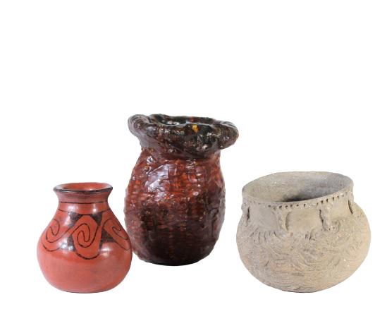 (3) Native American & Southwestern Pottery Jars: Three small jars, one burnished red with black slip design, label identifies it as Maricopa. The second jar is in a corn cob pattern, the third is baked clay with incised pattern. Tallest is 5 1/4 in.