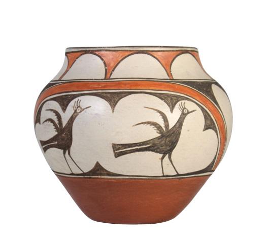 Juanita Pino Native American Zia Pottery: Polychrome Bird Jar, circa 1960s, signed on bottomJuanita Pino, Zia Pueblo. Pino was recognized as an outstanding potter as early as 1922 at the first Southwest Indian Fair in Santa Fe. Size: 8 x 9 in