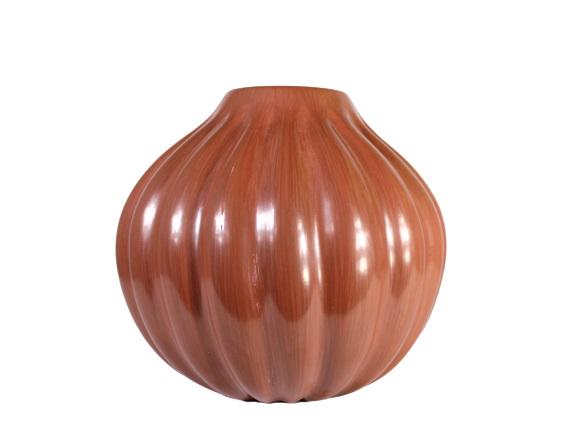 Helen Shupla (1928-) Santa Clara Redware Melon Jar: Exquisite highly polished redware melon jar by Native American Helen Shupla of Santa Clara Pueblo. She is one of the few potters whose name is synonymous with a particular style of pottery; 'the melon