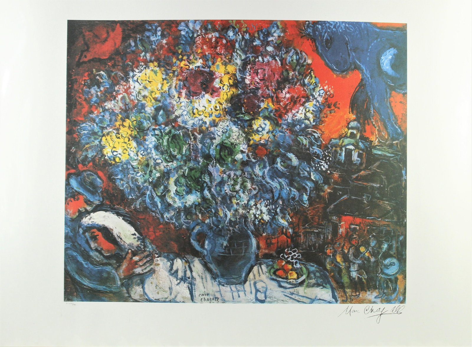 Marc Chagall (1887 - 1985) Russian, Lithograph: Exquisite recreation in a limited edition lithograph print. Size: 32 x 24 1/2 in. Includes COA. Please note that all sales are final and no refunds will be given under any circumstances. Sarasota Esta