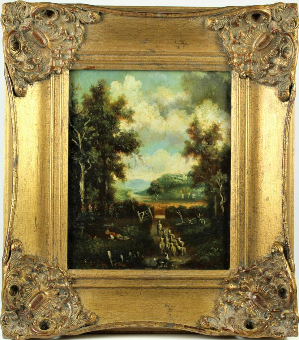 Follower of John Constable, 19th C. British O/P: Lovely pastoral scene with sheep, reminiscent of Constable's style and technique capturing natural light and movement. Oil on wooden panel, unsigned.Overall size: 18 1/2 x 16 in.Sight size: 11 x 9 in.