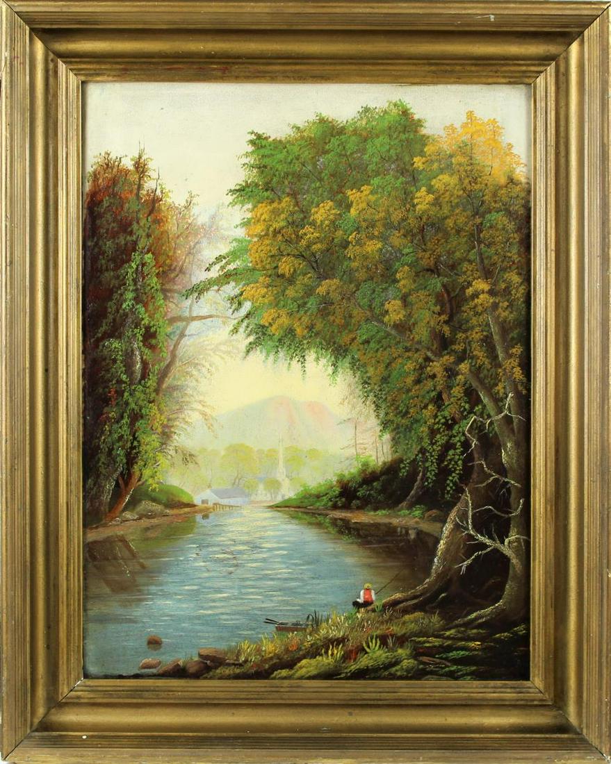 American Hudson River School, 1884, O/B: Fishing near a village by Dr. Remington, oil on board.Overall size: 20 x 16 in. Sight size: 15 3/4 x 11 3/4 in.Please note that all sales are final and no refunds will be given under any circumstances
