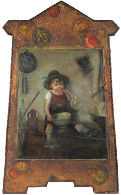 Antique Oil of a Tyrolean Boy Blowing Bubbles: A delightful piece depicting a boy blowing bubbles, oil on canvas mounted on board. The board repeats the bubble theme of the painting.Overall size: 26 1/4 x 16 in. Please note that all sales are fina