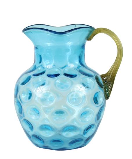 Hand Blown Glass Pitcher: Condition: slight chip on rim (see photo).Size: 7 1/2 x 7 in. Please note that all sales are final and no refunds will be given under any circumstances. Sarasota Estate Auction provides condition repo