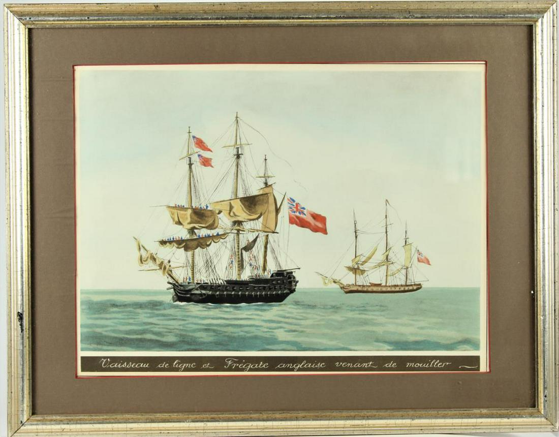 Antique Hand Colored Print: After Jean Jerom Baugean (1764-1819) French. Print of an English Frigate raising sails. Overall size: 18 3/8 x 23 3/8 in.Sight size: 12 3/4 x 17 in.Please note that all sales are final and no refunds 