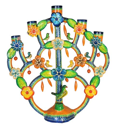 Mexican Clay Candelabra: Colorful Mexican 5 candle candelabra, as is condition.Size: 21 x 18 3/4 in. Please note that all sales are final and no refunds will be given under any circumstances. Sarasota Estate Auction provides 