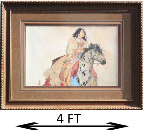 Carol Grigg (b. 1942) Brave Horse Print: Print entitled "Brave Horse" by Carol Grigg. Grigg draws inspiration from her Cherokee Indian heritage, nature, and primitive art. She works in multiple media: watercolor, oil, inks, lithography, coll