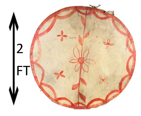 Native American Animal Hide Hoop Drum: Hoop drum has animal hide skins on both sides, red painted decoration on obverse. Drum in as is condition. Size: 23 in. diameter x 4 in. deep.Please note that all sales are final and no refunds will b