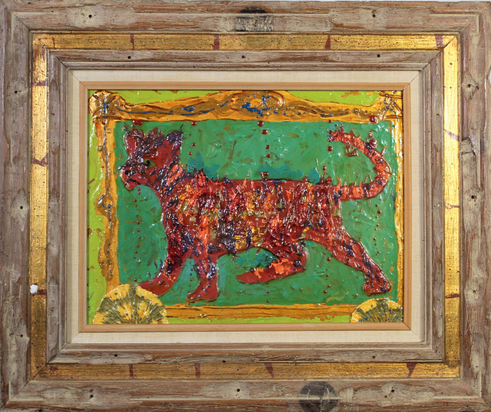 Acrylic Painting of Feline: Highly glossed acrylic painting with thick impasto on masonite, of a feline, possibly that of a wildcat. Signed lower right: Zabinski Overall size: 20 1/2 x 24 1/2 in.Sight size: 11 1/2 x 15 1/2 in.Pl