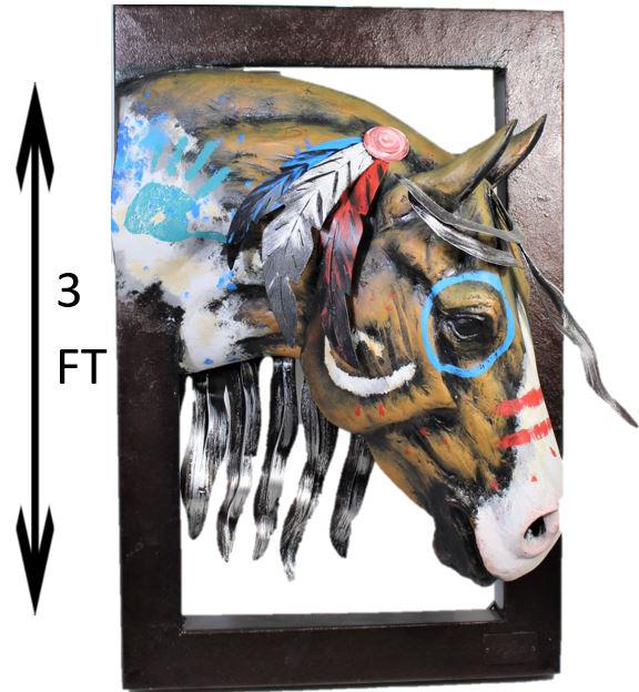 Andres Martin Del Campo 3-D Horse Wall Sculpture: Del Campo (b. 1966) is a Mexican sculptor known for his southwestern metal work. Hand painted metal wall hanging of bust of horse. Signed lower right. Size: 36 x 24 in.Please note that all sales are f
