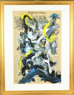 Attrib. Willem de Kooning (1904-1997) Oil / Newsprint: Oil on Newsprint, color abstract painting on a page of the New York Times, August 9,1974. Signed in pencil, lower right. De Kooning's works throughout the mid-twentieth century established him as