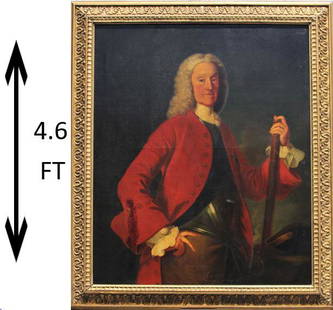 Large 18th C. Portrait of a Sea Captain: Large 18th C Portrait of Sea Captain, oil on canvas. Beautiful antique gilt carved frame. Sea Captain wearing a red coat, standing and holding his telescope. Overall size: 55 1/2 x 47 1/2 in. Sight