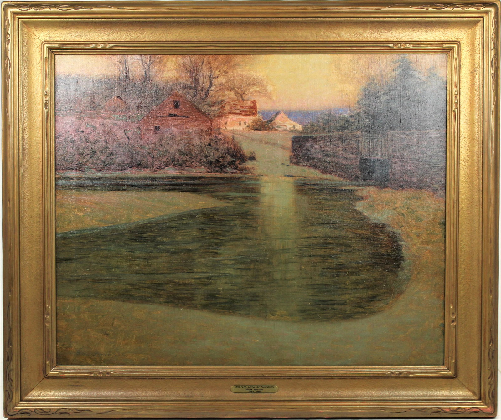 Birge Harrison (1854 - 1929) American, Oil on C: Impressionist painting by Birge (Lovell) Harrison, depicting a landscape scene including a pond and a barn and house in the distance. It is signed in the lower left. It is titled "Winter, Late Afterno