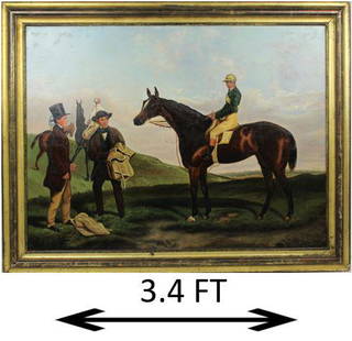 Mid 19th C English Jockey & Horse, Oil on Canvas: Mid 19th Century, English painting. The oil on canvas depicts a Jockey riding his horse, with two gentlemen approaching / assisting him. Appears to be unsigned. Overall size: 31 1/2 x 41 1/4 in.