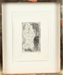 Joan Miro (1893-1983) Spanish, Etching: Exquisite etching of a female figure, framed to museum quality standards. A contemporary of Picasso, Dali and Matisse, Joan Miro combined abstract art with Surrealist fantasy. His mature style