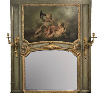 19th C French Gilt Trumeau w Sconces: Large carved antique gilt frame with oil on canvas painting of young musicians. There are holes drilled on the sides for two sconces which are on the piece. As is. Approx size is 64 x 55 in. Please