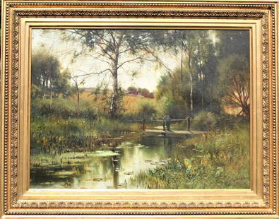 Ernest Parton (1845-1933) London, Oil/Canvas/Maso: Oil on canvas / masonite. Figure in landscape, sporting scene. It is signed lower right E. Parton. London / NY. Important large landscape of figure fishing on foot bridge, late 19th c. Bucolic