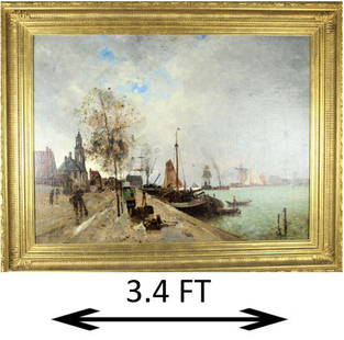 Manner of Eugene Louis Boudin (1824-1898) Fr, O/C: Large oil on canvas painting in the manner of Boudin (1824-1898). Signed indistinctly in lower right. The painting is of an impressionist French Boardwalk scene w figures. Eugène Louis Boudin was