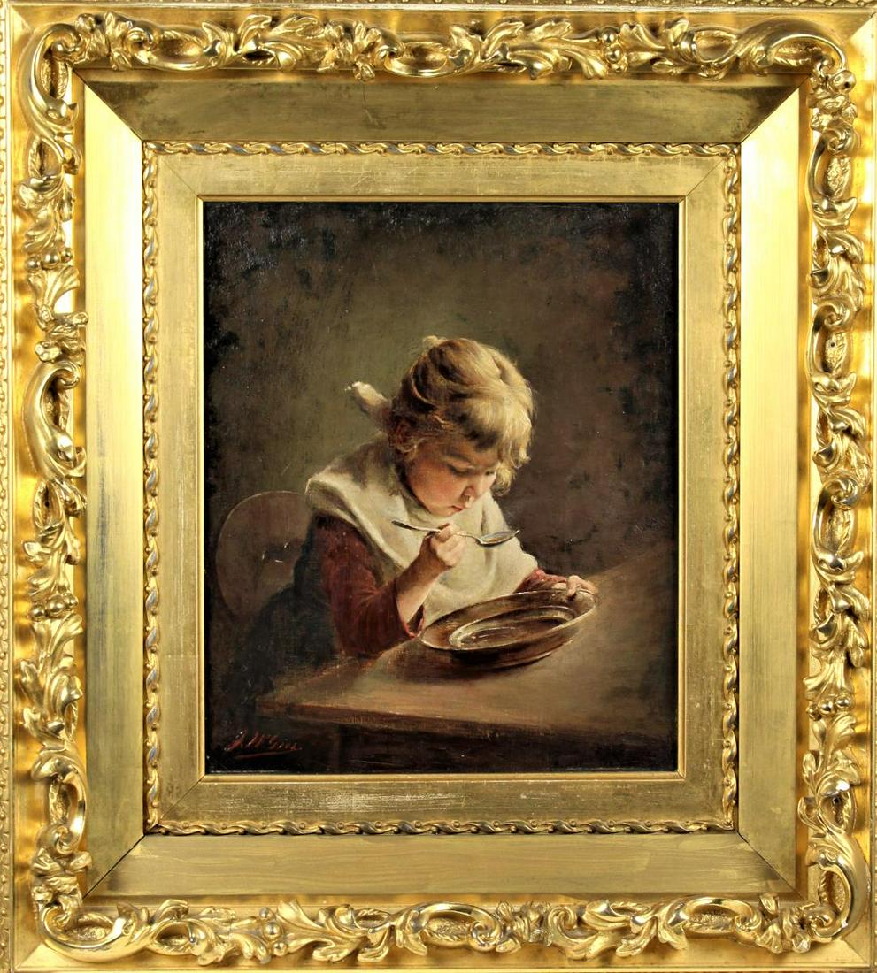 Joseph W. Gies (1860-1935) American, Oil on Canvas: Intimate vignette depicting a young girl eating soup at a table with a large bib tied round her neck, oil on canvas painted by Joseph W. Gies. Joseph Gies was a significant connection to the Detroit p