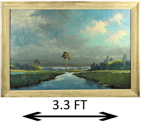Sam Newton (B. 1948) Florida Highwaymen, O/B: This oil on board by Sam Newton, one of the Florida Highwaymen, depicts a moody Florida summer's evening with palm trees and a soft landscape w a stream going down the center. Sam Newton is known for 