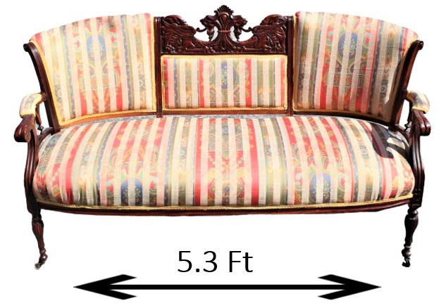 Classical Carved Mahogany & Upholstered Settee: Gorgeous Classical Settee carved in mahogany with exceptionally beautiful Italian Scalamandre fabric. Rolling castors on finely carved legs, elaborate decorative design at center back.Size: 63 1/2 x 2